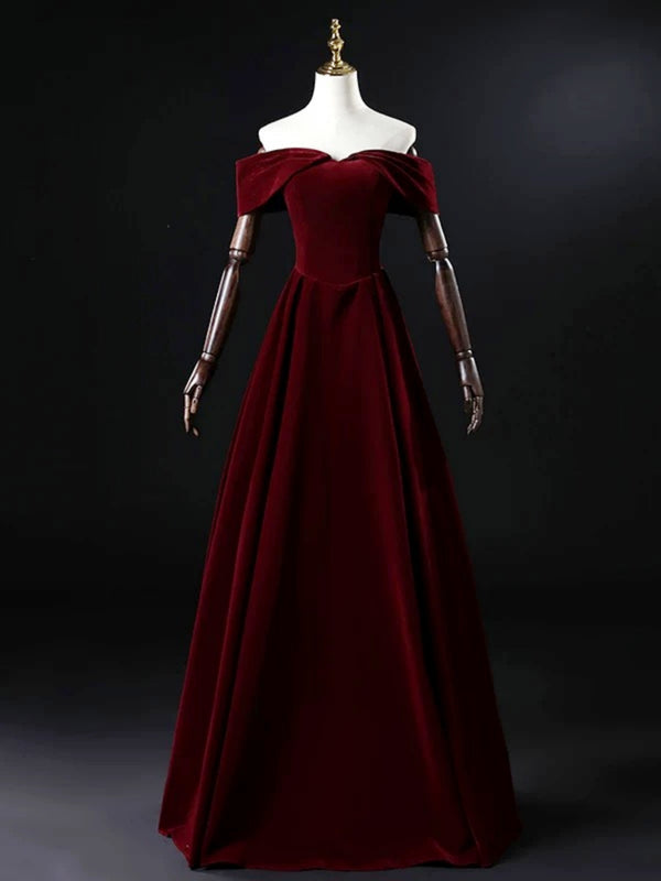Off the Shoulder Burgundy Velvet Long Prom Dresses, Wine Red Off Shoul