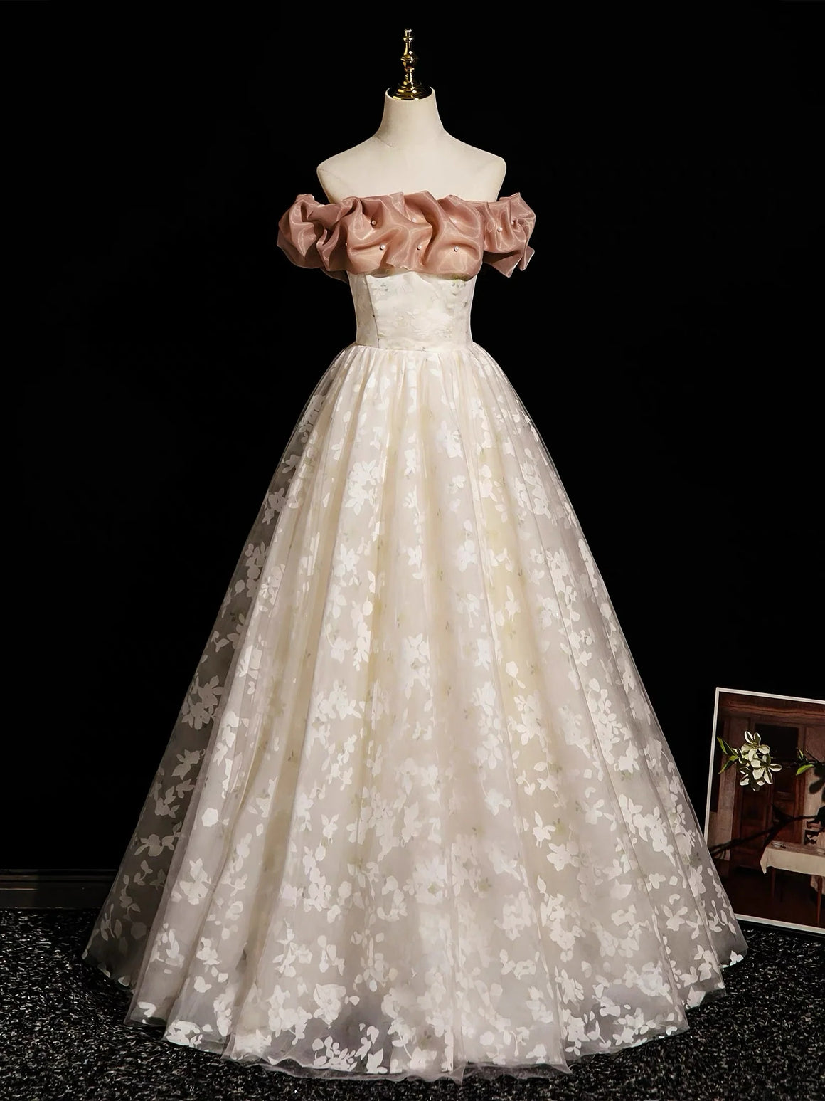 Off the Shoulder Champagne Floral Long Prom Dresses, Champagne Floral Long Formal Evening Dresses