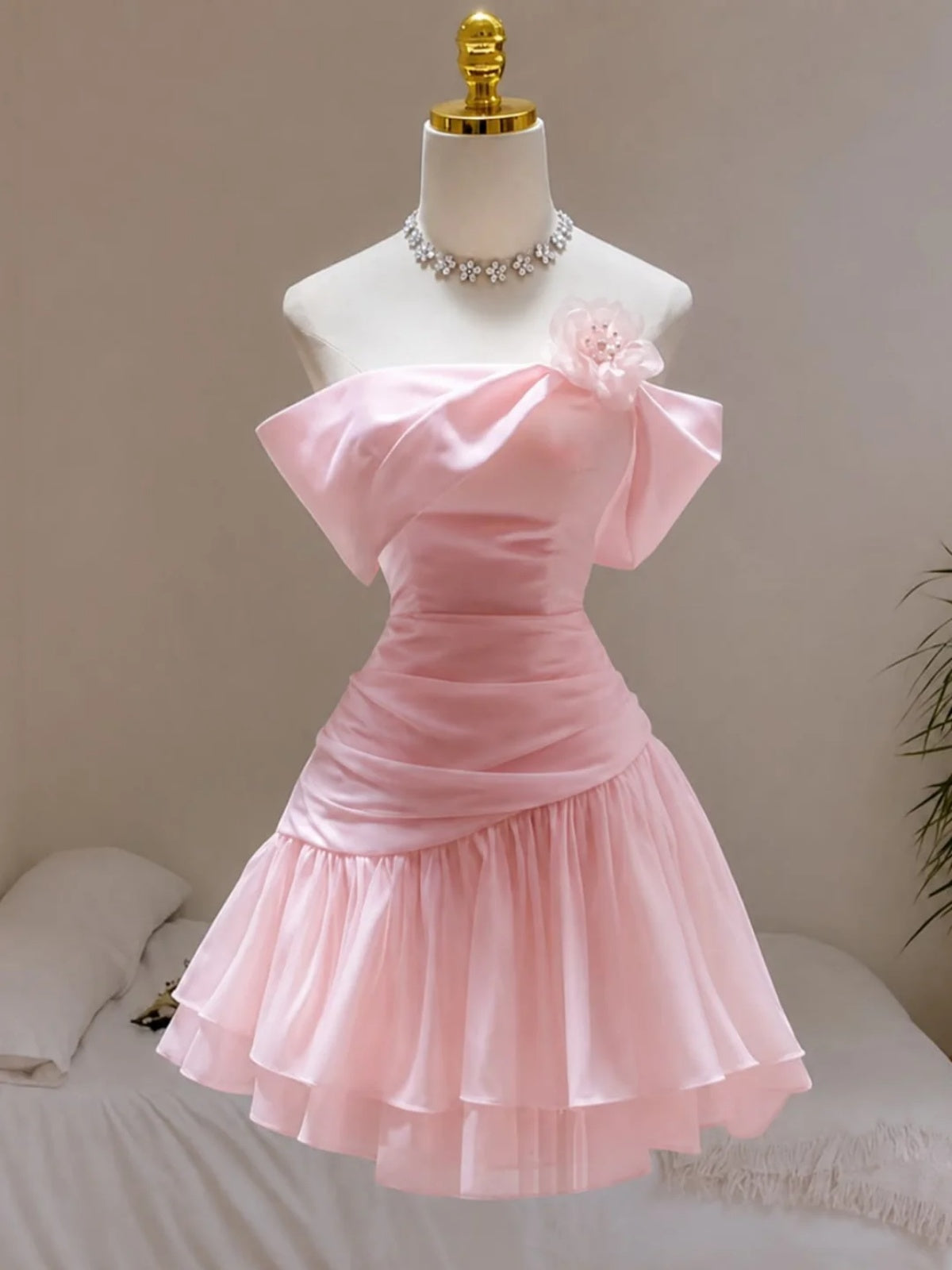 Off the Shoulder Cute Short Pink Floral Prom Dresses, Short Pink Formal Homecoming Dresses