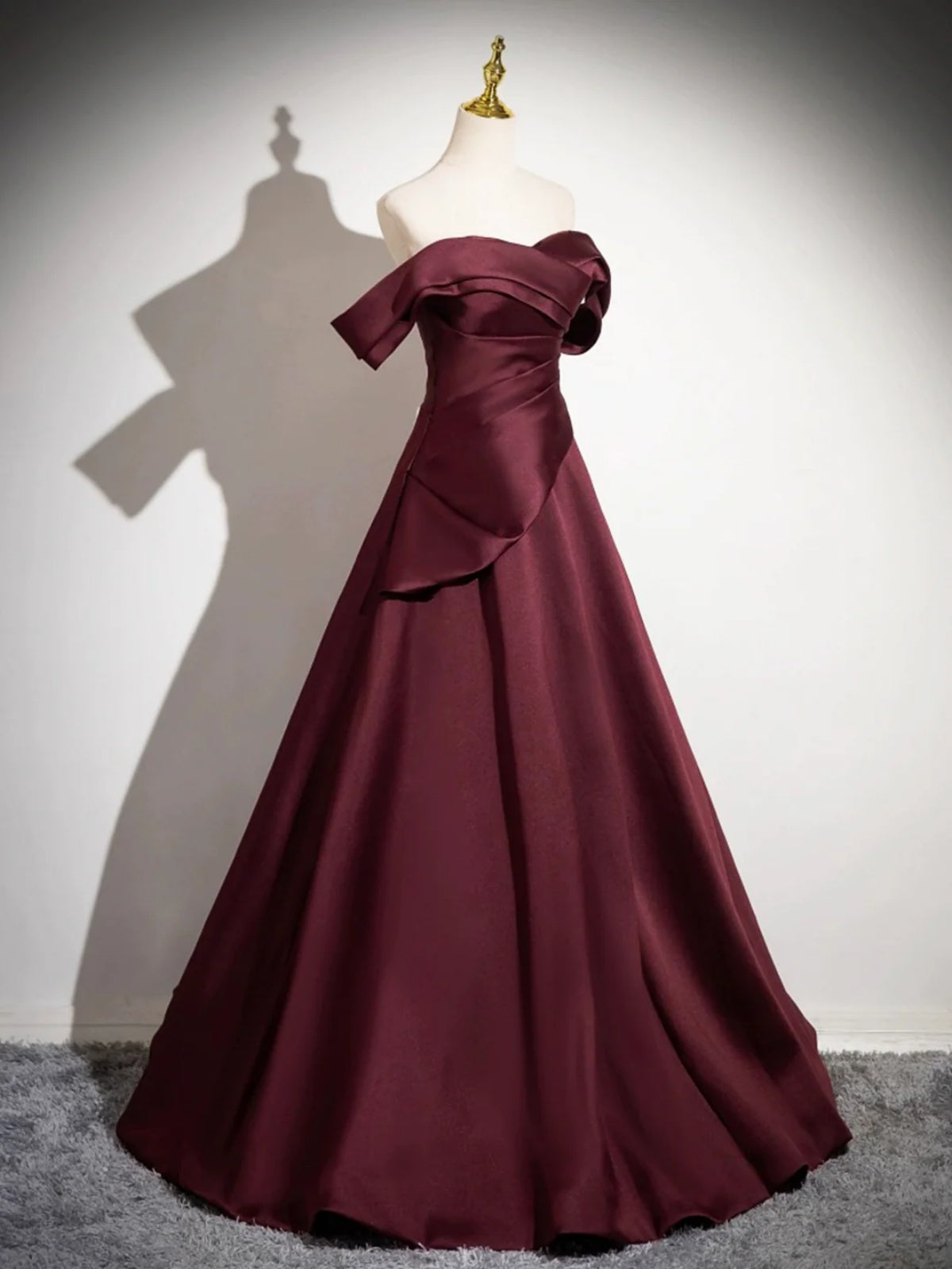 Off the Shoulder Dark Burgundy Prom Dresses, Maroon Long Satin Formal - shegown Off the Shoulder Dark Burgundy Prom Dresses, Maroon Long Satin Formal - shegown