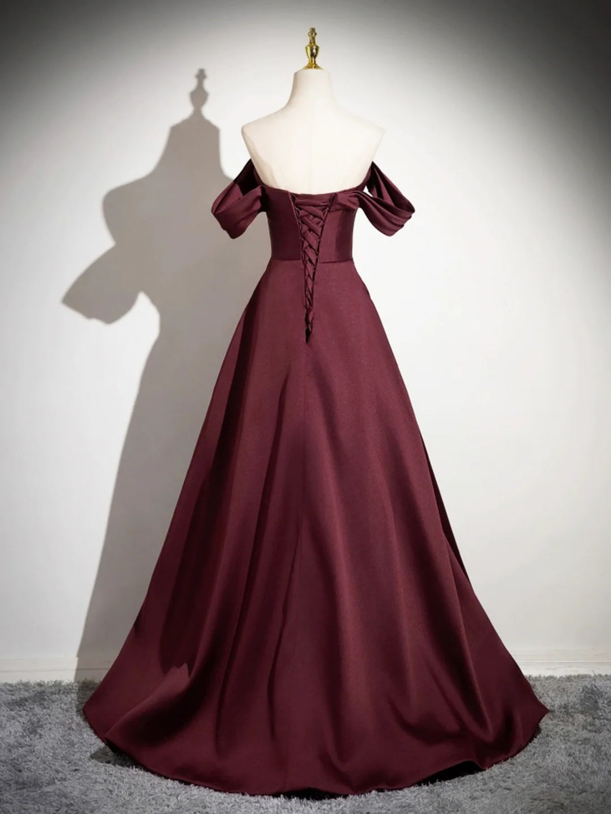 Off the Shoulder Dark Burgundy Prom Dresses, Maroon Long Satin Formal - shegown Off the Shoulder Dark Burgundy Prom Dresses, Maroon Long Satin Formal - shegown