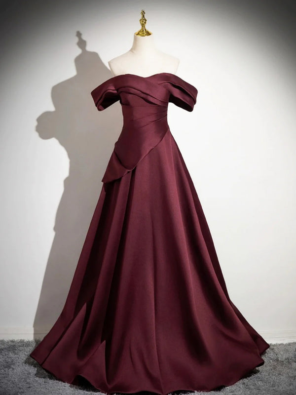 Off the Shoulder Dark Burgundy Prom Dresses, Maroon Long Satin Formal