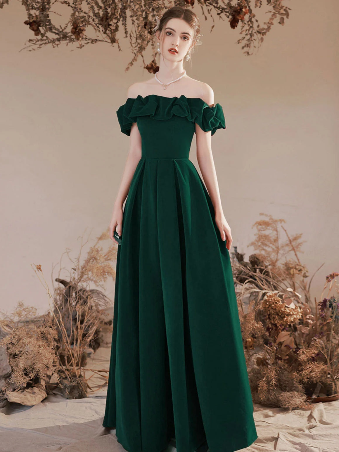 Off the Shoulder Dark Green Velvet Long Prom Dresses, Dark Green Long Formal Evening Dresses