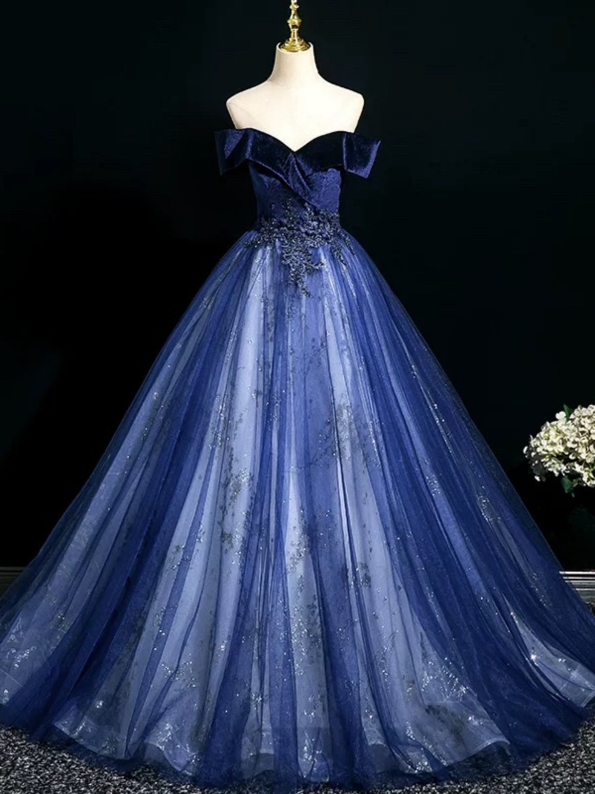 Off the Shoulder Dark Navy Blue Tulle Long Prom Dresses, Beaded Tulle Dark Blue Formal Evening Dresses