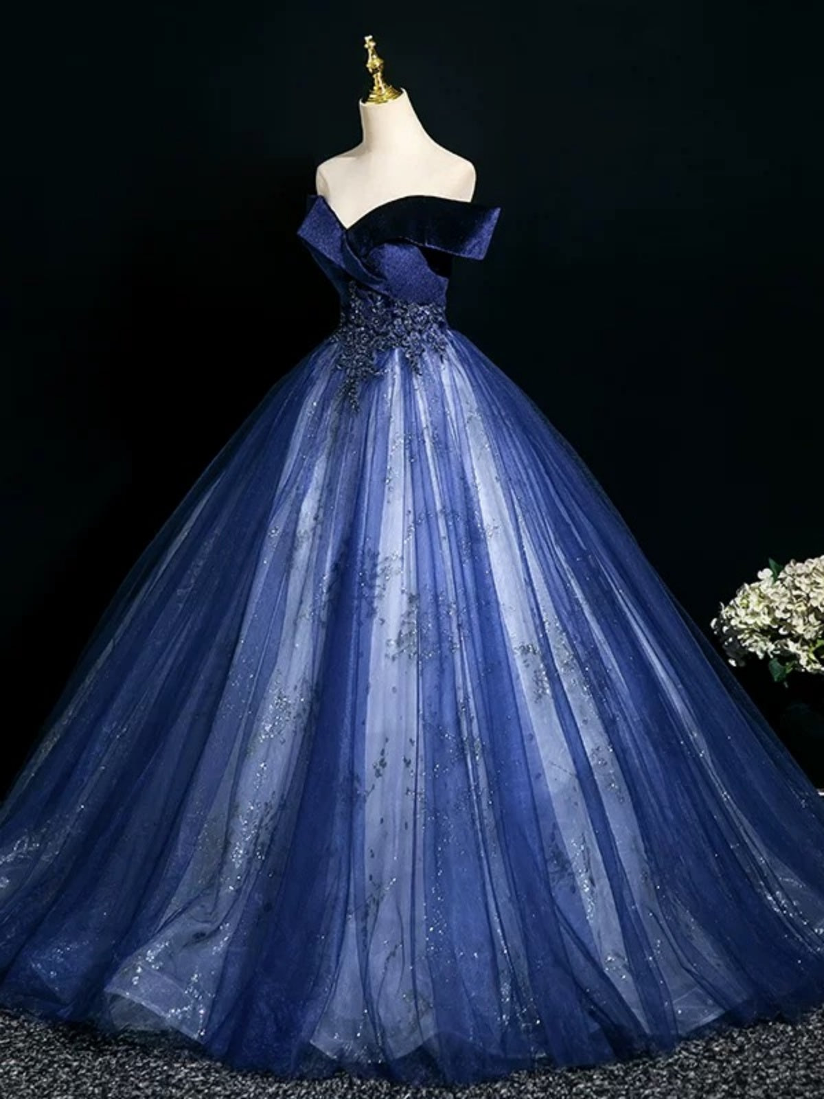 Off the Shoulder Dark Navy Blue Tulle Long Prom Dresses, Beaded Tulle - shegown Off the Shoulder Dark Navy Blue Tulle Long Prom Dresses, Beaded Tulle - shegown