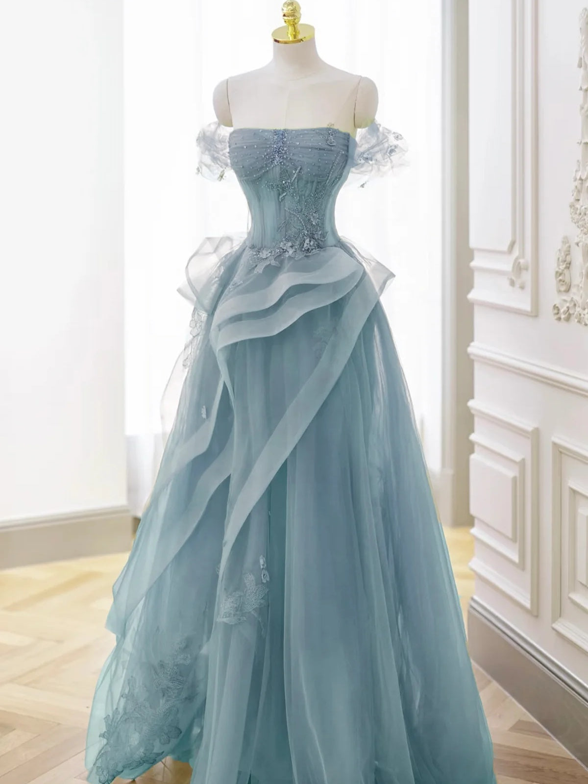 Off the Shoulder Dusty Blue Floral Long Prom Dresses, Blue Floral Tulle Formal Dresses