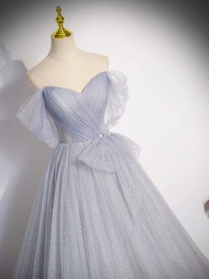 Off the Shoulder Gray Tulle Long Prom Dresses, Gray Long Tulle Formal Evening Dresses
