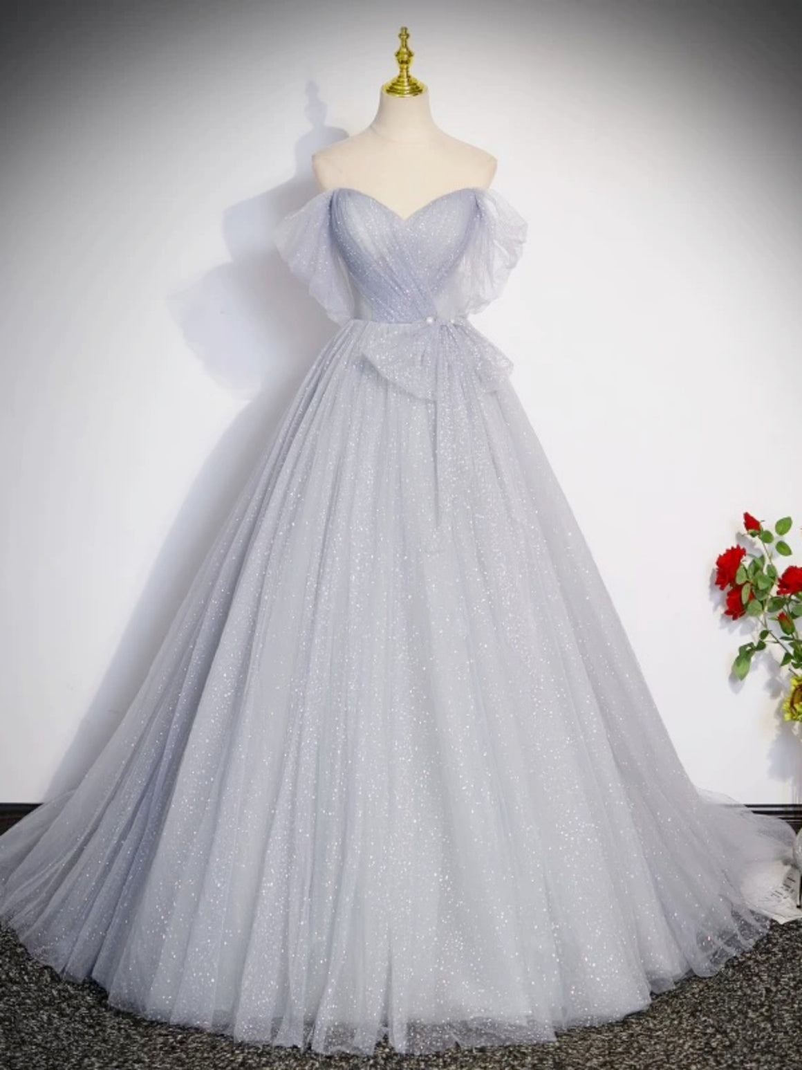 Off the Shoulder Gray Tulle Long Prom Dresses, Gray Long Tulle Formal Evening Dresses