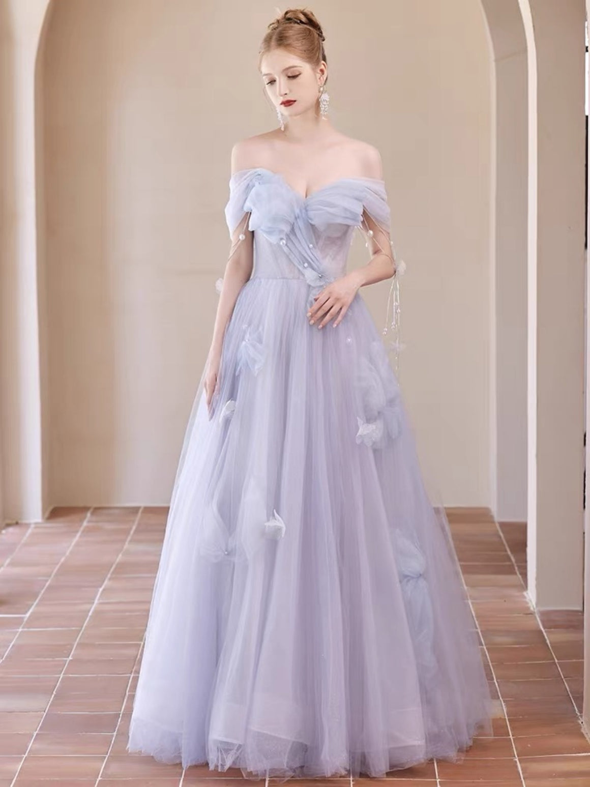 Off the Shoulder Gray Tulle Long Prom Dresses with Bow, Gray Tulle Long Formal Evening Dresses