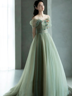 Off the Shoulder Green Floral Long Prom Dresses, Green Long Floral Formal Evening Dresses