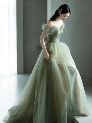 Off the Shoulder Green Floral Long Prom Dresses, Green Long Floral Formal Evening Dresses