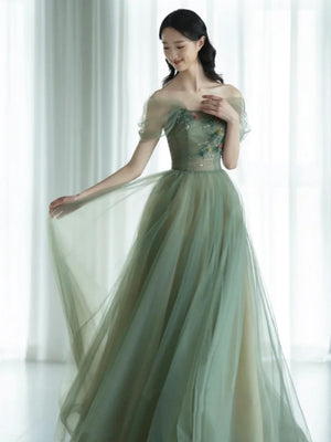 Off the Shoulder Green Floral Long Prom Dresses, Green Long Floral Formal Evening Dresses