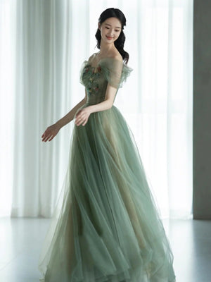 Off the Shoulder Green Floral Long Prom Dresses, Green Long Floral Formal Evening Dresses