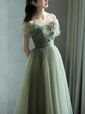 Off the Shoulder Green Floral Long Prom Dresses, Green Long Floral Formal Evening Dresses