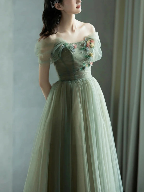 Off the Shoulder Green Floral Long Prom Dresses, Green Long Floral For