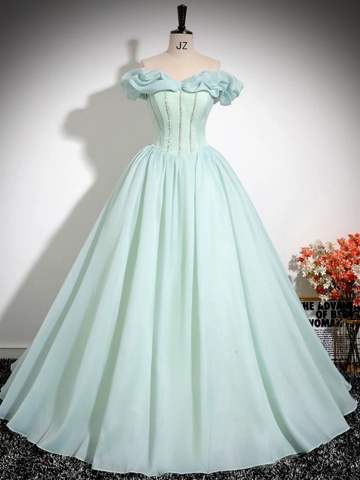 Off the Shoulder Green Organza Prom Dresses, Green Organza Formal Evening Dresses