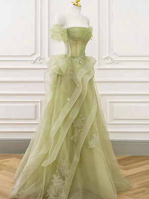 Off the Shoulder Green Tulle Lace Long Prom Dresses, Green Tulle Long Lace Formal Evening Dresses