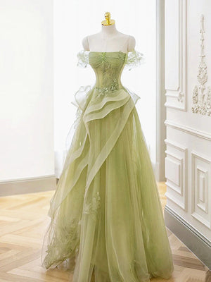 Off the Shoulder Green Tulle Lace Long Prom Dresses, Green Tulle Long Lace Formal Evening Dresses