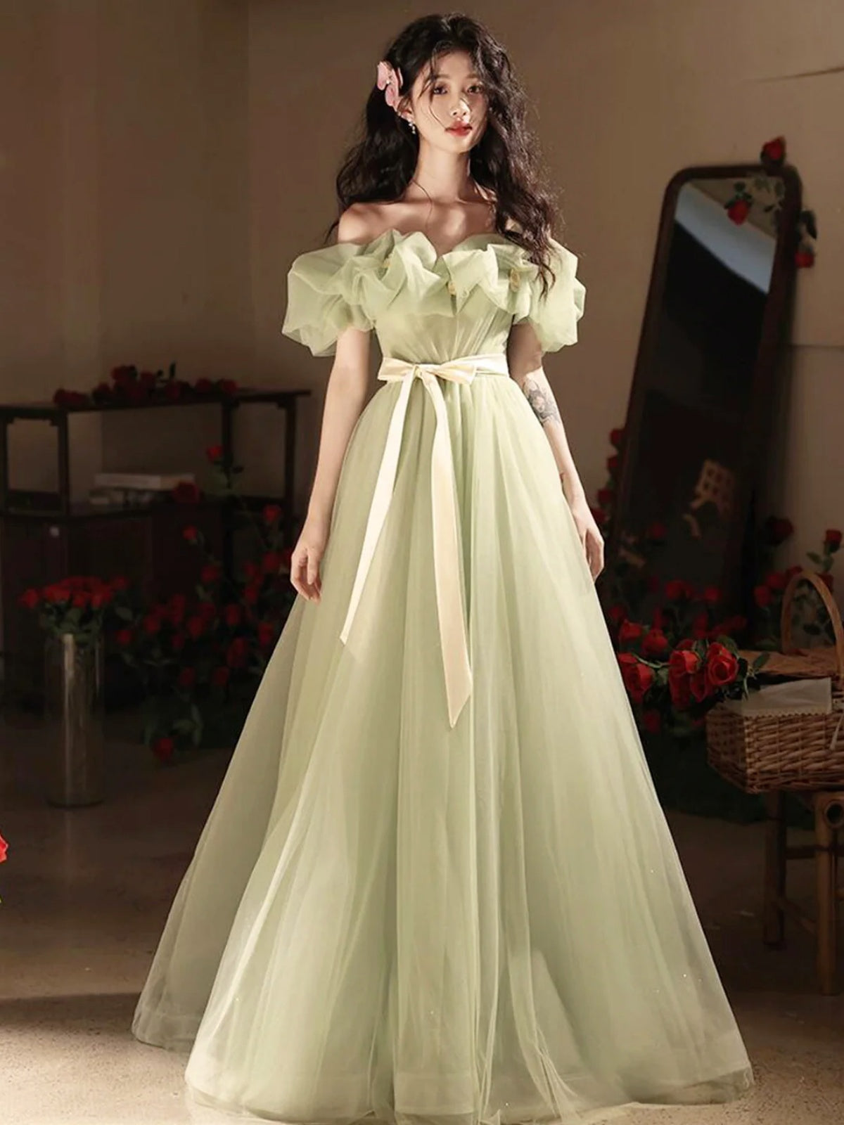 Off the Shoulder Green Tulle Long Prom Dresses, Green Tulle Long Forma - shegown Off the Shoulder Green Tulle Long Prom Dresses, Green Tulle Long Forma - shegown