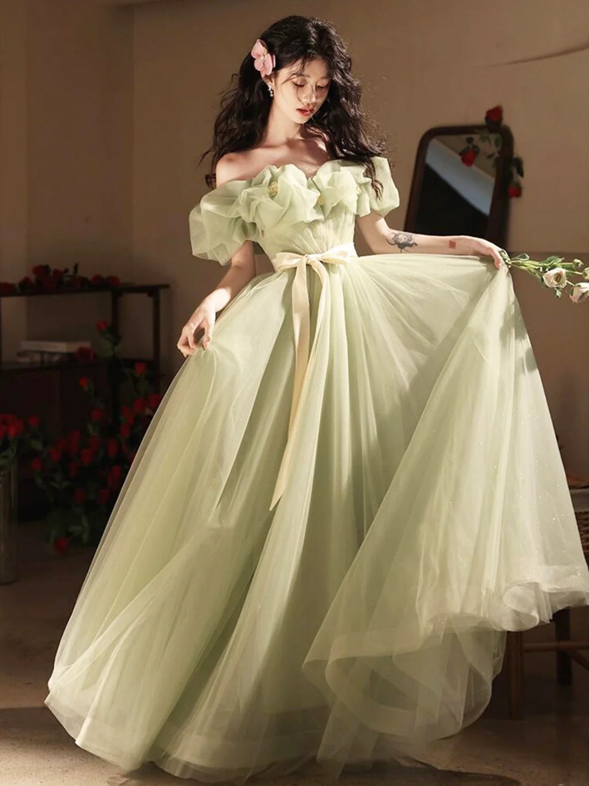 Off the Shoulder Green Tulle Long Prom Dresses, Green Tulle Long Forma - shegown Off the Shoulder Green Tulle Long Prom Dresses, Green Tulle Long Forma - shegown