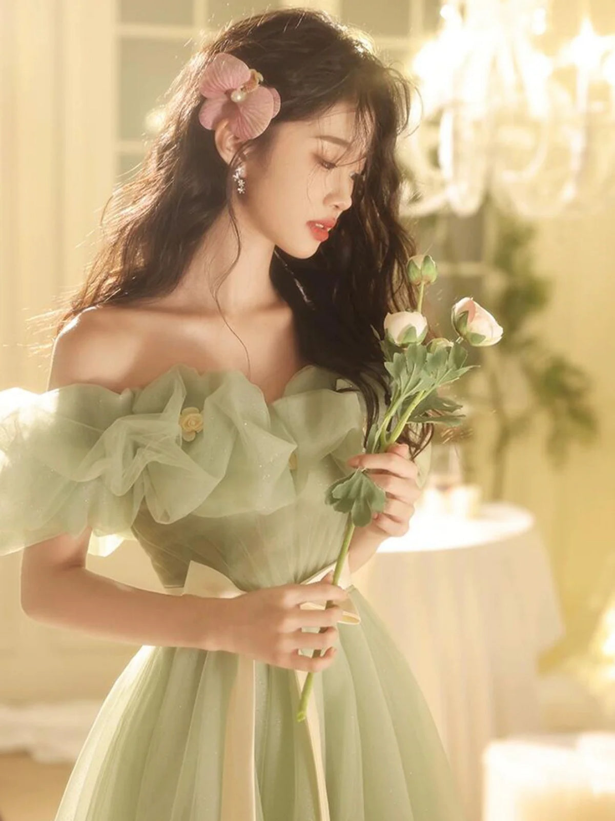 Off the Shoulder Green Tulle Long Prom Dresses, Green Tulle Long Forma - shegown Off the Shoulder Green Tulle Long Prom Dresses, Green Tulle Long Forma - shegown
