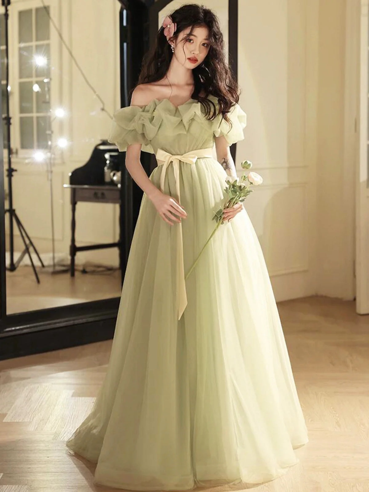 Off the Shoulder Green Tulle Long Prom Dresses, Green Tulle Long Formal Graduation Dresses, US 12 / Custom Color / No Rush Off the Shoulder Green Tulle Long Prom Dresses, Green Tulle Long Formal Graduation Dresses, US 12 / Custom Color / No Rush