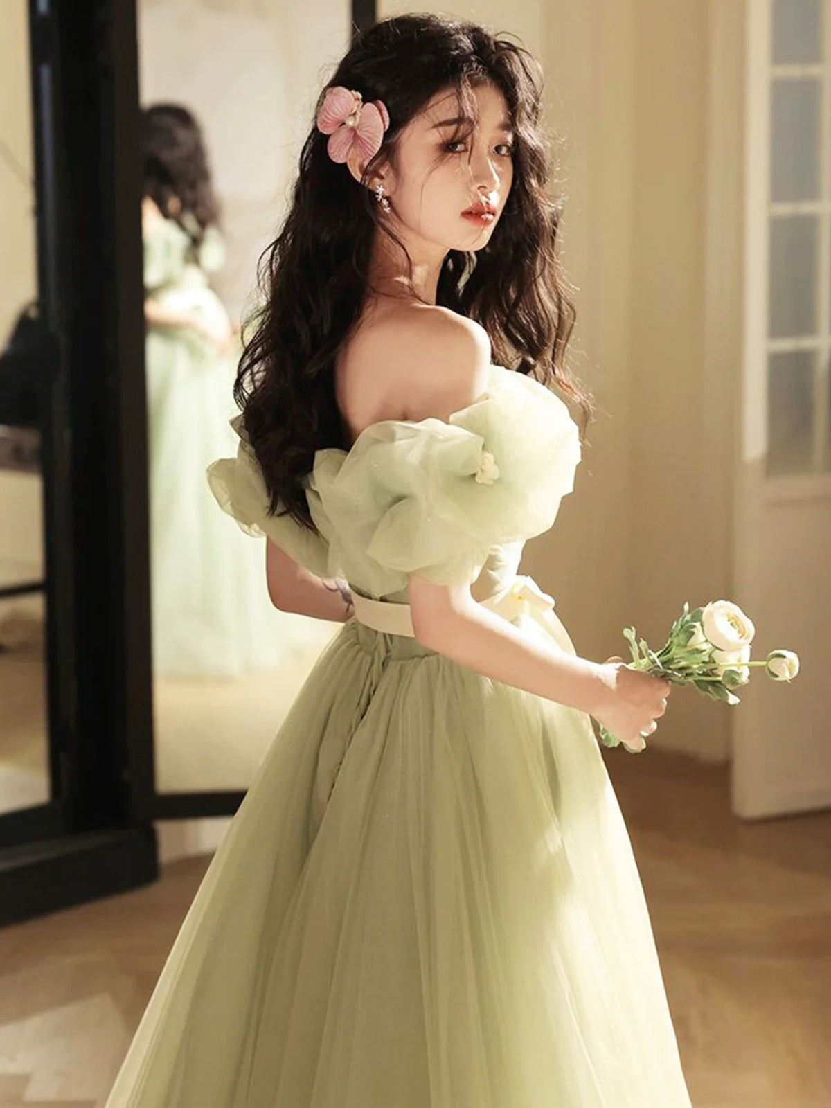Off the Shoulder Green Tulle Long Prom Dresses, Green Tulle Long Forma - shegown Off the Shoulder Green Tulle Long Prom Dresses, Green Tulle Long Forma - shegown