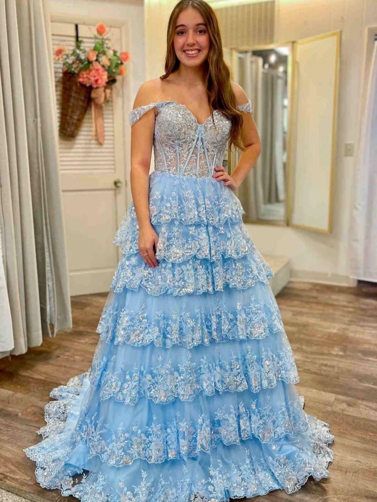 Off the Shoulder Layered Lace Prom Dresses, Off Shoulder Layered Lace - shegown Off the Shoulder Layered Lace Prom Dresses, Off Shoulder Layered Lace - shegown