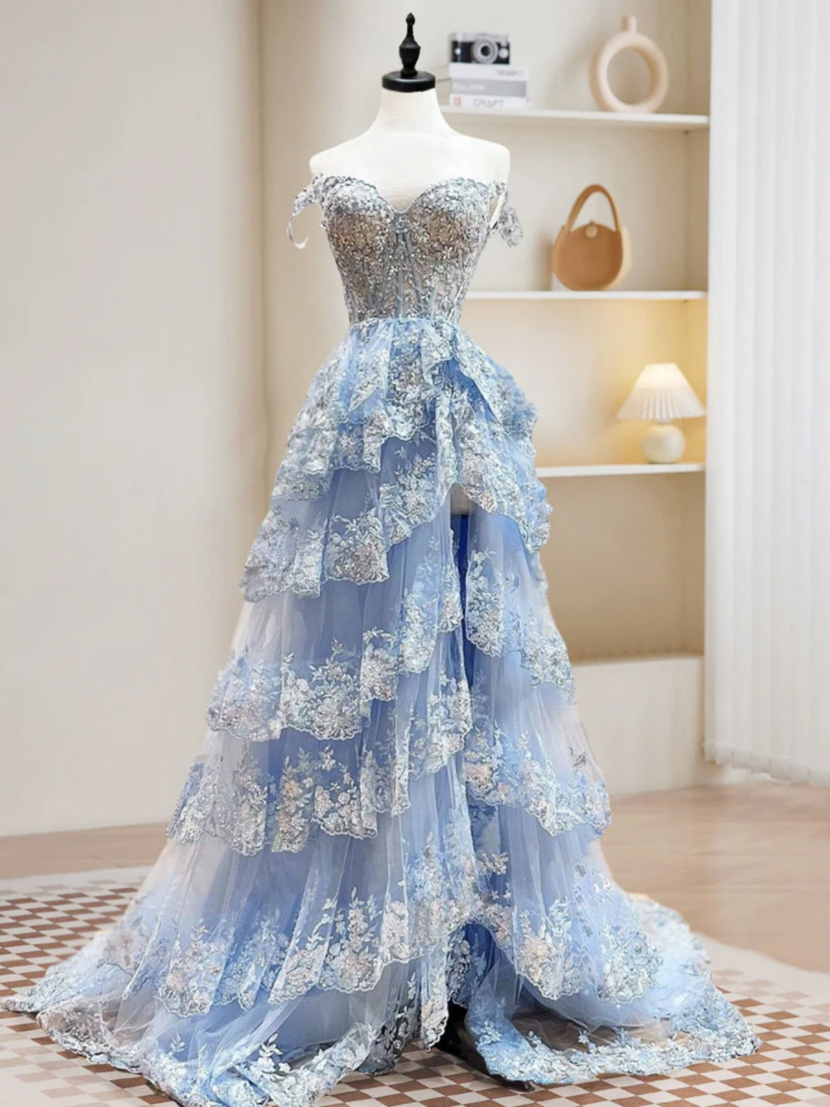 Off the Shoulder Light Blue Lace Layered Long Prom Dresses, Blue Layered Lace Formal Dress, Custom Size / Custom Color / No Rush Off the Shoulder Light Blue Lace Layered Long Prom Dresses, Blue Layered Lace Formal Dress, Custom Size / Custom Color / No Rush
