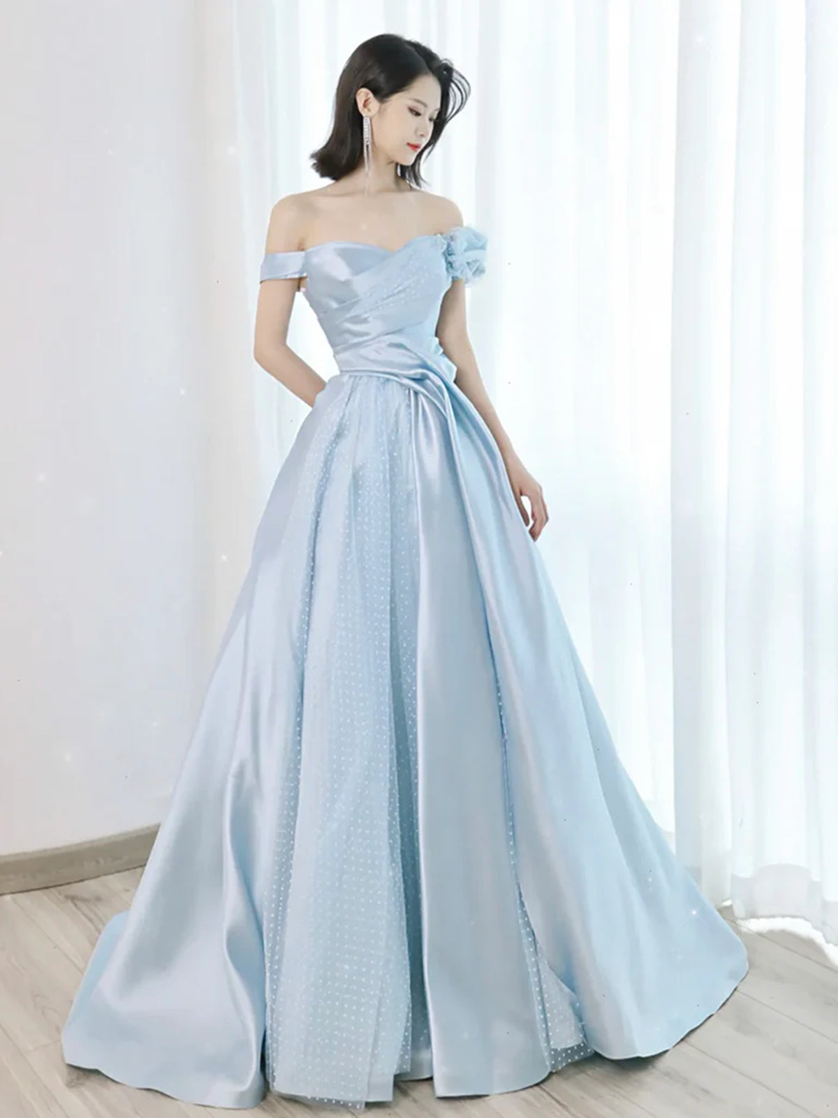 Off the Shoulder Light Blue Satin Long Prom Dresses, Light Blue Satin - shegown Off the Shoulder Light Blue Satin Long Prom Dresses, Light Blue Satin - shegown