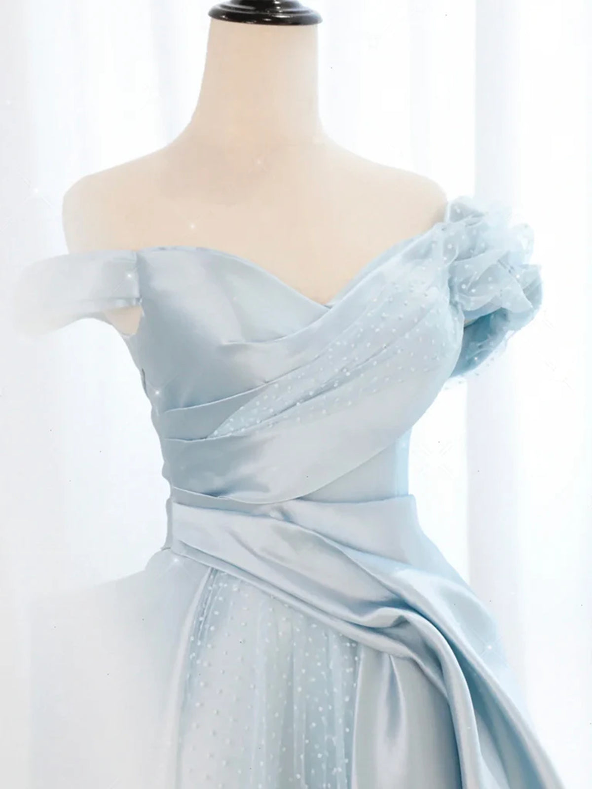 Off the Shoulder Light Blue Satin Long Prom Dresses, Light Blue Satin
