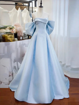 Off the Shoulder Light Blue Satin Long Prom Dresses, Off Shoulder Baby Blue Long Formal Evening Dresses