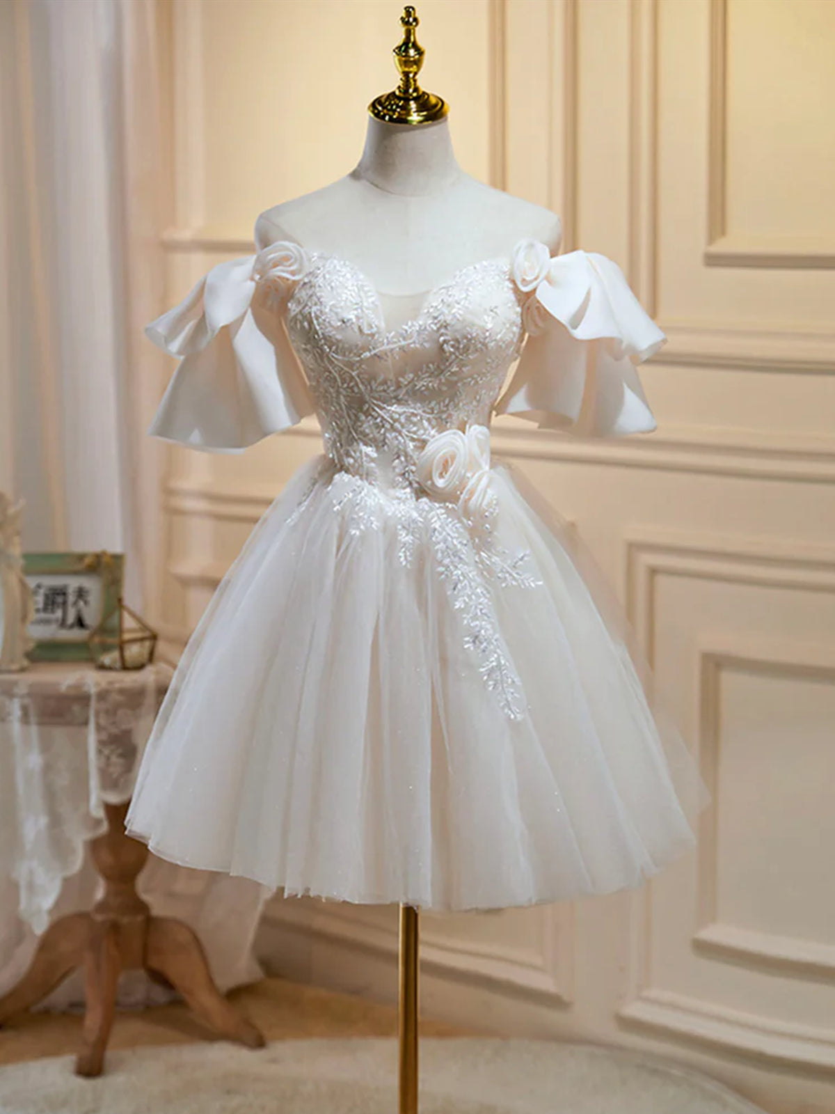 Off the Shoulder Light Champagne Lace Short Prom Dresses, Light Champa - shegown Off the Shoulder Light Champagne Lace Short Prom Dresses, Light Champa - shegown