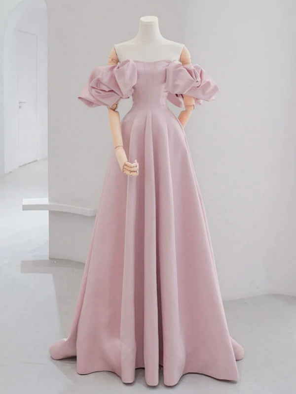 Off the Shoulder Light Pink Satin Prom Dresses, Light Pink Off Shoulde