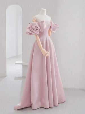Off the Shoulder Light Pink Satin Prom Dresses, Light Pink Off Shoulder Long Formal Evening Dresses