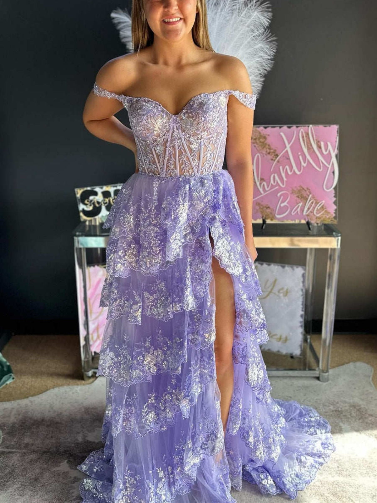 Off the Shoulder Navy Blue Pink White Black Red Lace Layered Lace Prom - shegown Off the Shoulder Navy Blue Pink White Black Red Lace Layered Lace Prom - shegown