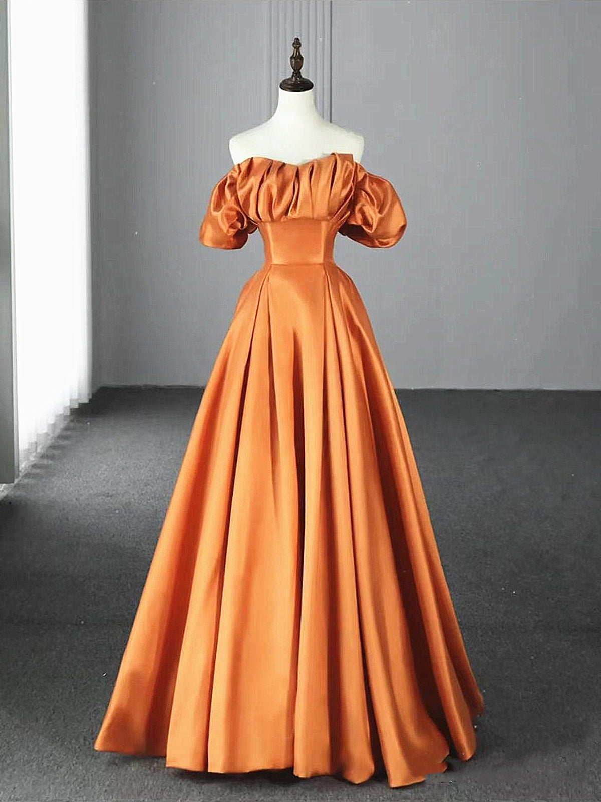 Off the Shoulder Orange Satin Long Prom Dresses, Orange Long Satin For - shegown Off the Shoulder Orange Satin Long Prom Dresses, Orange Long Satin For - shegown