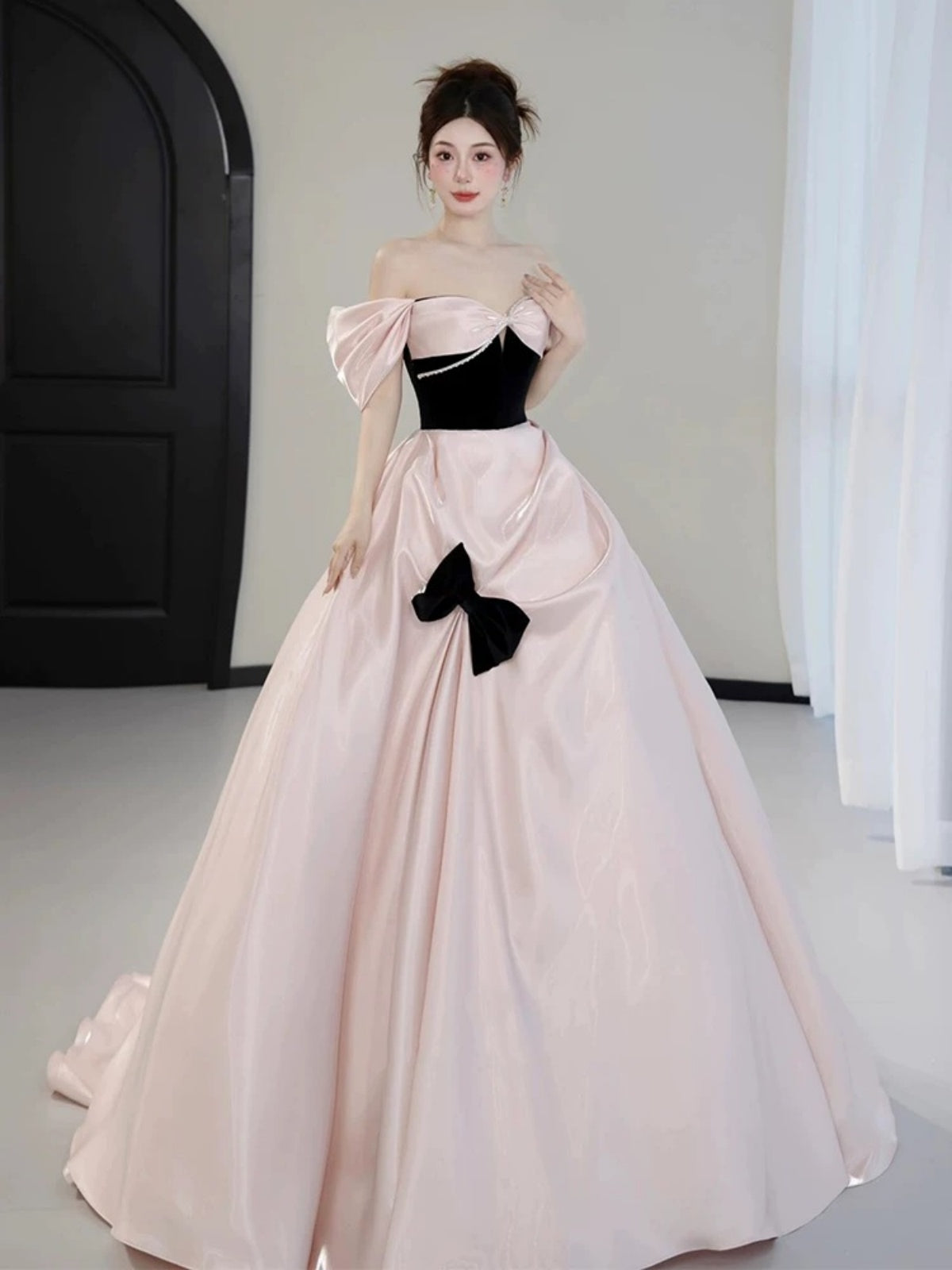 Off the Shoulder Pink Black Satin Long Prom Dresses, Pink Black Off Shoulder Long Formal Dresses, Custom Size / Pink as Pics / With Rush+$19.99 Off the Shoulder Pink Black Satin Long Prom Dresses, Pink Black Off Shoulder Long Formal Dresses, Custom Size / Pink as Pics / With Rush+$19.99