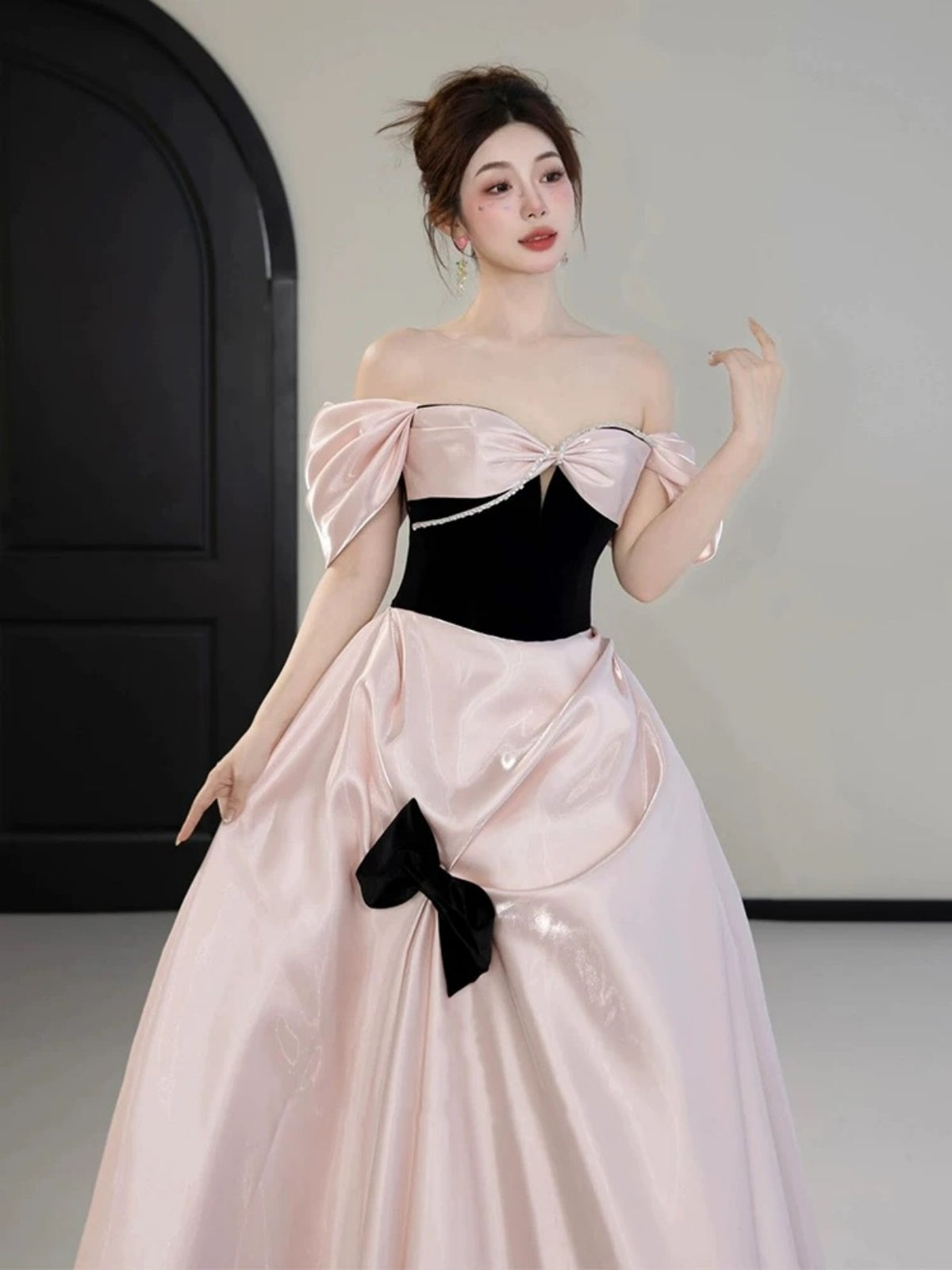 Off the Shoulder Pink Black Satin Long Prom Dresses, Pink Black Off Sh - shegown Off the Shoulder Pink Black Satin Long Prom Dresses, Pink Black Off Sh - shegown