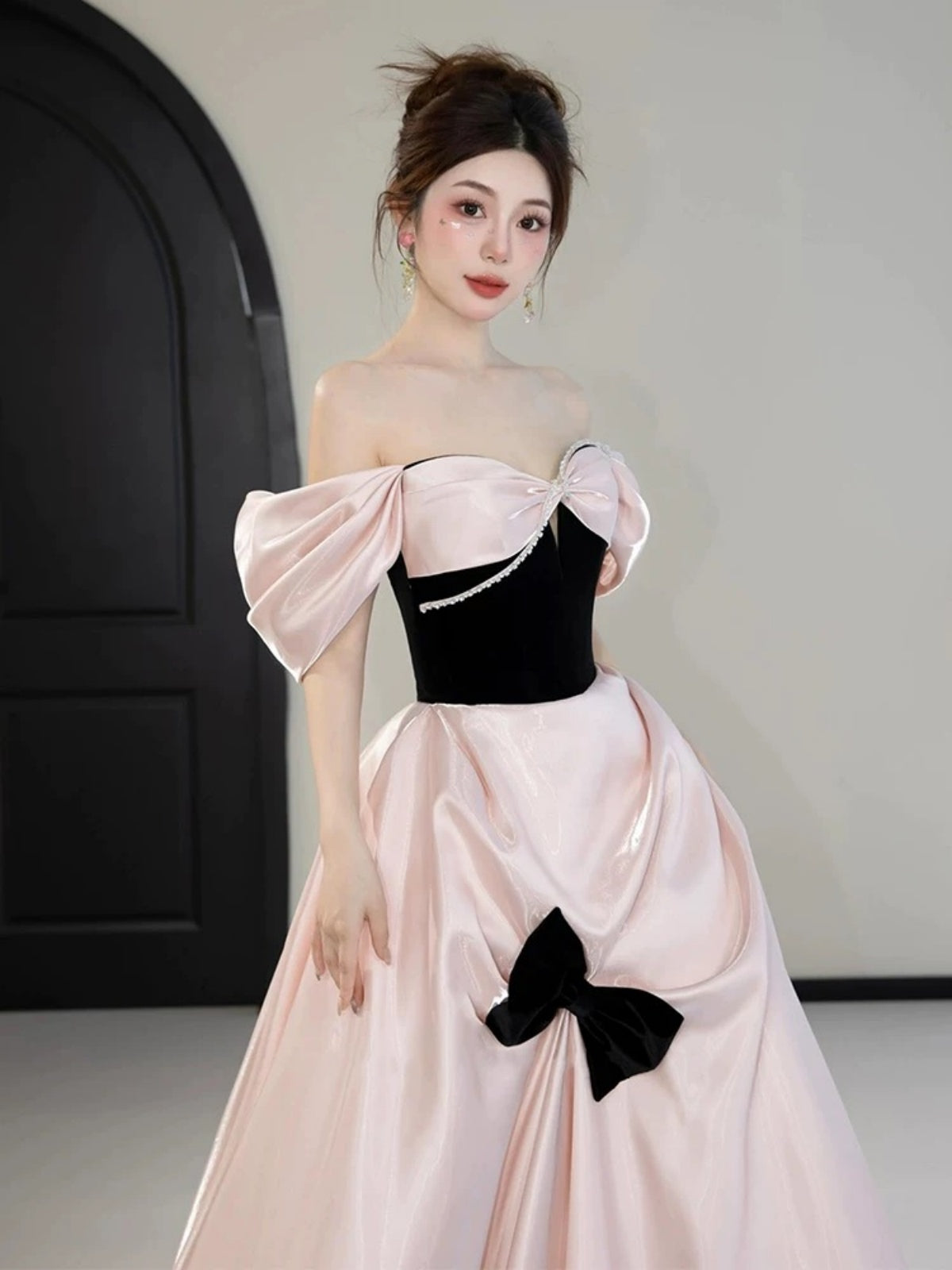 Off the Shoulder Pink Black Satin Long Prom Dresses, Pink Black Off Sh - shegown Off the Shoulder Pink Black Satin Long Prom Dresses, Pink Black Off Sh - shegown