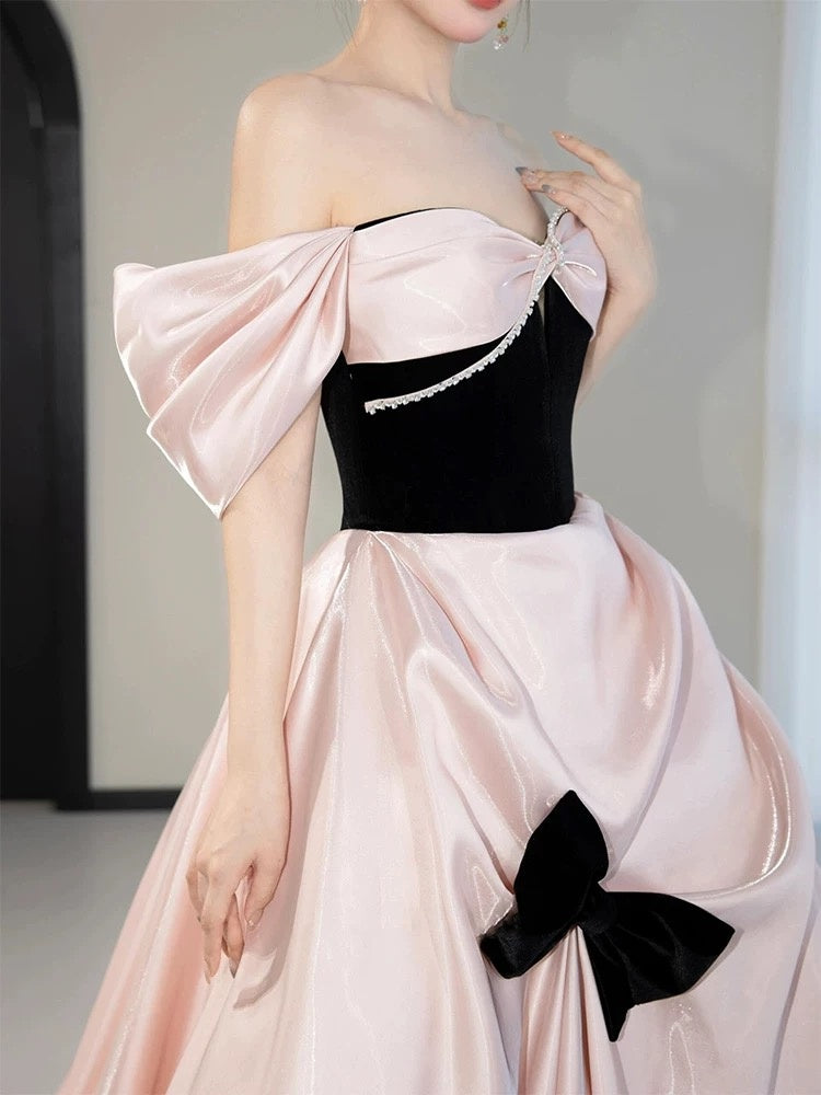 Off the Shoulder Pink Black Satin Long Prom Dresses, Pink Black Off Sh Off the Shoulder Pink Black Satin Long Prom Dresses, Pink Black Off Sh