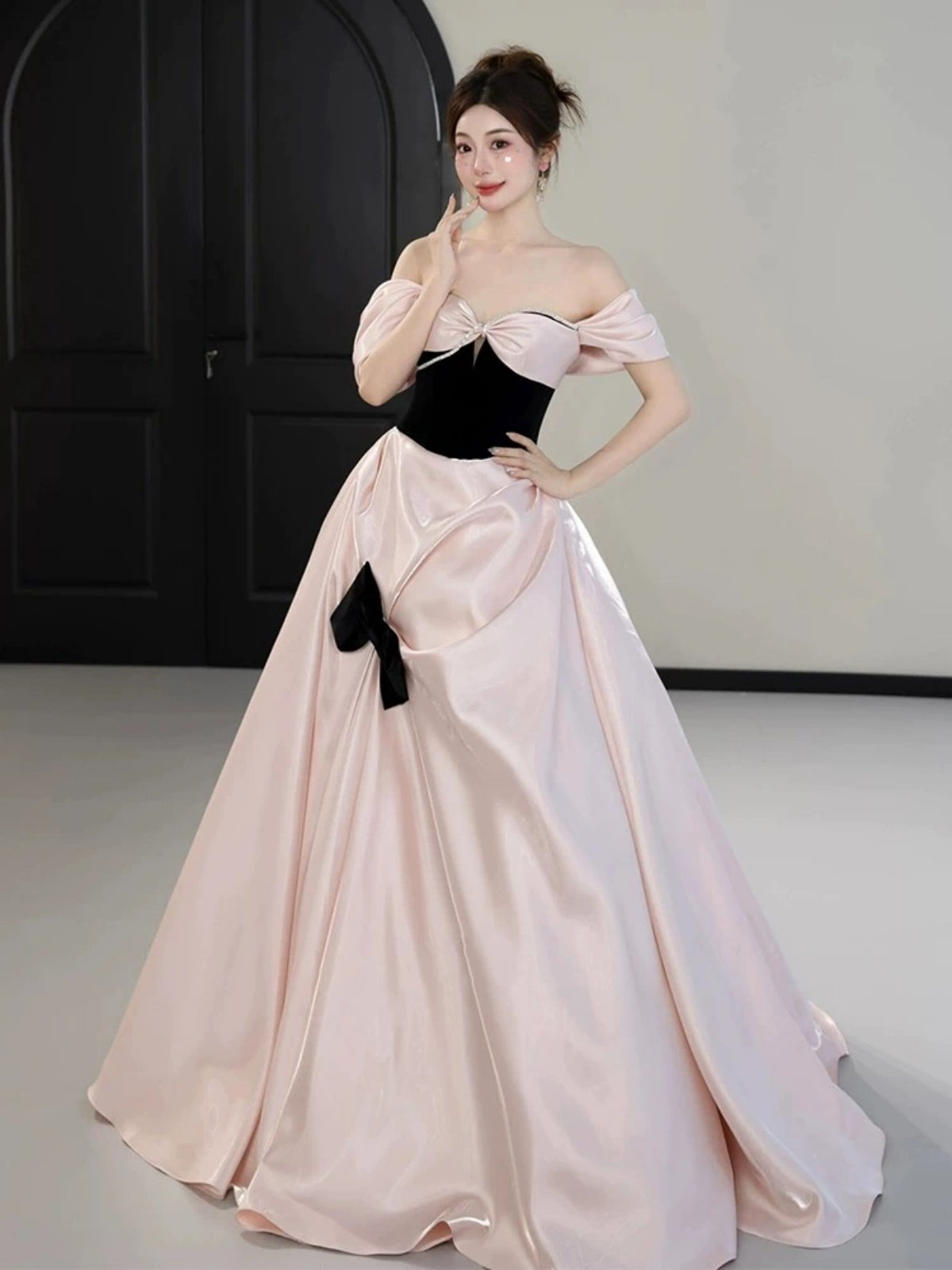 Off the Shoulder Pink Black Satin Long Prom Dresses, Pink Black Off Sh - shegown Off the Shoulder Pink Black Satin Long Prom Dresses, Pink Black Off Sh - shegown