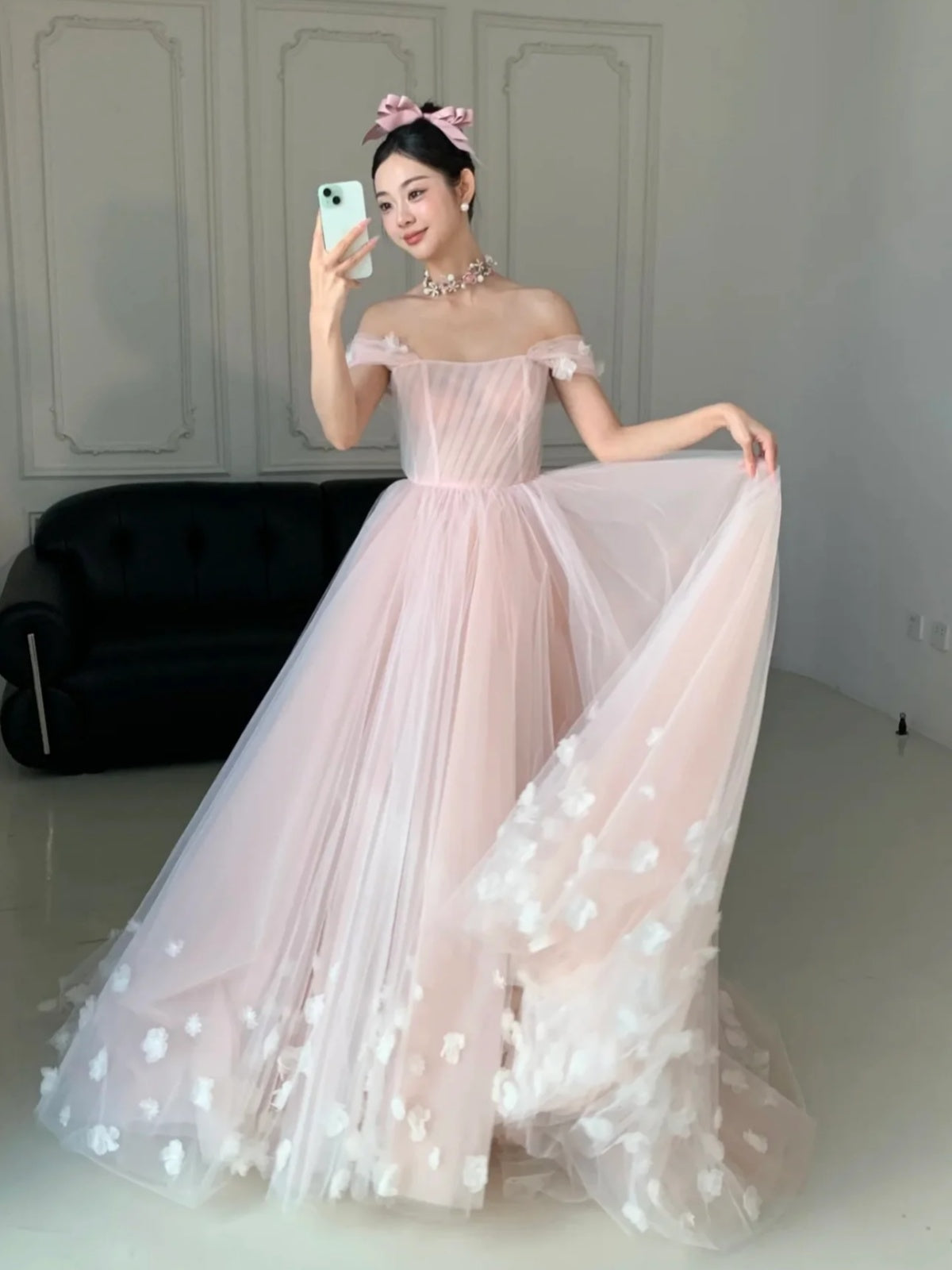 Off the Shoulder Pink Floral Long Prom Dresses, Pink Floral Long Formal Evening Dresses, US 10 / Pink as Pics / No Rush Off the Shoulder Pink Floral Long Prom Dresses, Pink Floral Long Formal Evening Dresses, US 10 / Pink as Pics / No Rush