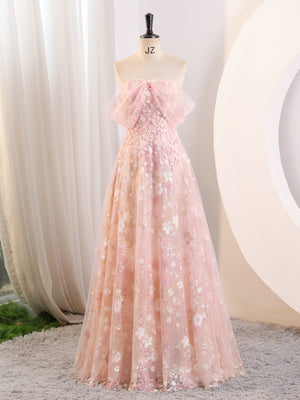 Off the Shoulder Pink Floral Long Prom Dresses, Pink Lace Floral Long Formal Graduation Dresses