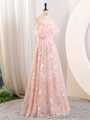 Off the Shoulder Pink Floral Long Prom Dresses, Pink Lace Floral Long Formal Graduation Dresses