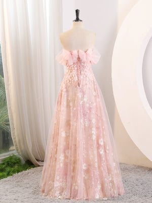 Off the Shoulder Pink Floral Long Prom Dresses, Pink Lace Floral Long Formal Graduation Dresses