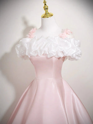 Off the Shoulder Pink Floral Long Prom Dresses, Pink Off Shoulder Long Formal Evening Dresses