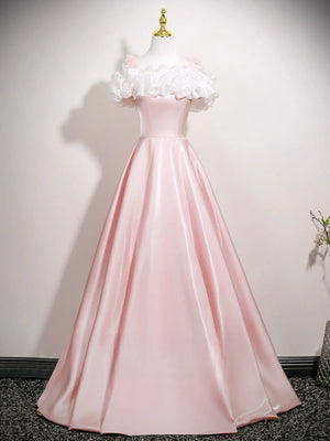 Off the Shoulder Pink Floral Long Prom Dresses, Pink Off Shoulder Long Formal Evening Dresses