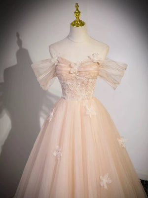 Off the Shoulder Pink Lace Prom Dresses, Pink Off Shoulder Lace Formal Evening Dresses