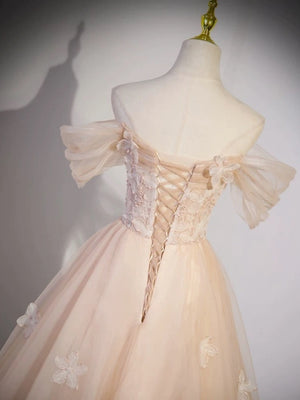 Off the Shoulder Pink Lace Prom Dresses, Pink Off Shoulder Lace Formal Evening Dresses